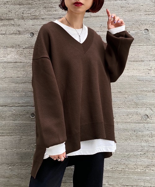 PAGEBOY(ページボーイ)の「【洗濯機で洗える】Vネックユルプルオーバー(ボリューム袖/ニット)(ニット/セーター)」|ブラウン
