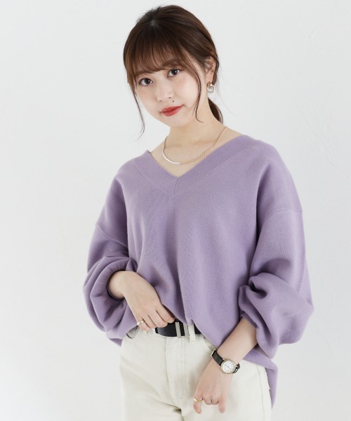 PAGEBOY(ページボーイ)の「【洗濯機で洗える】Vネックユルプルオーバー(ボリューム袖/ニット)(ニット/セーター)」|ライラック