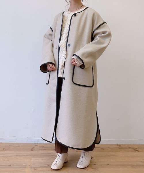 VANNIE U（ヴァニーユー）の「ノーカラーパイピングロングコート（ダウンジャケット/コート・レディース・ベージュ・FREE）」の19枚目の写真