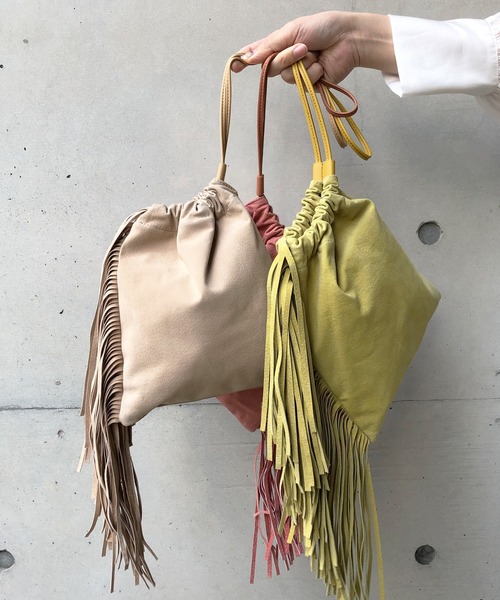 DouDou(ドゥドゥ)の「ピッグレザーフリンジトート(トートバッグ・レディース・ベージュ/イエロー/ピンク・FREE)」の12枚目の写真