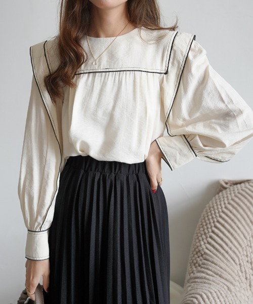 Diosfront（ディオスフロント）の「スクエア配色ラインブラウス（シャツ/ブラウス・レディース・ベージュ/ブルー/ブラック・FREE）」の2枚目の写真