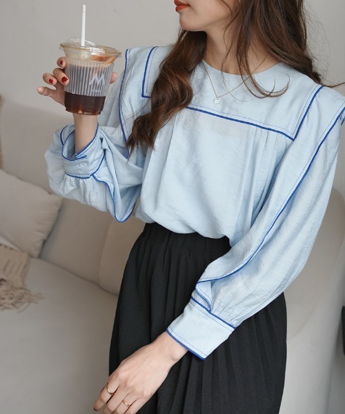 Diosfront（ディオスフロント）の「スクエア配色ラインブラウス（シャツ/ブラウス・レディース・ベージュ/ブルー/ブラック・FREE）」の14枚目の写真