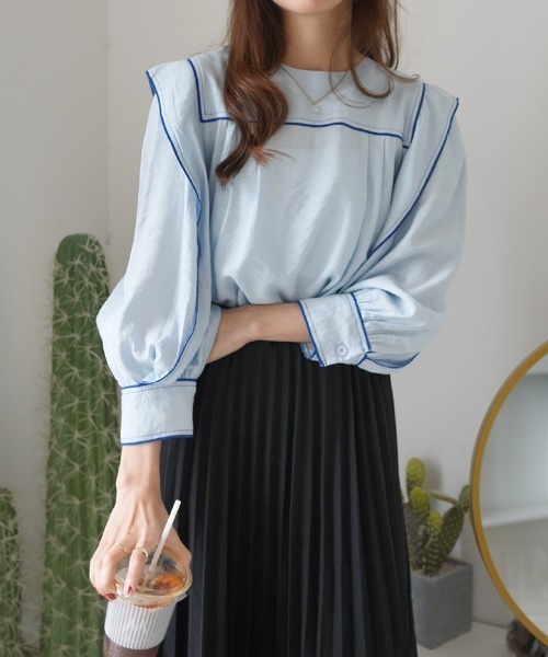 Diosfront（ディオスフロント）の「スクエア配色ラインブラウス（シャツ/ブラウス・レディース・ベージュ/ブルー/ブラック・FREE）」の9枚目の写真