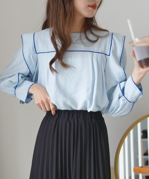 Diosfront（ディオスフロント）の「スクエア配色ラインブラウス（シャツ/ブラウス・レディース・ベージュ/ブルー/ブラック・FREE）」の8枚目の写真