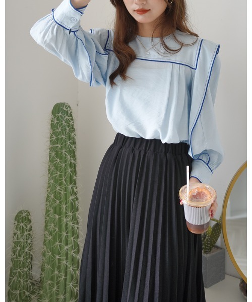 Diosfront（ディオスフロント）の「スクエア配色ラインブラウス（シャツ/ブラウス・レディース・ベージュ/ブルー/ブラック・FREE）」の7枚目の写真