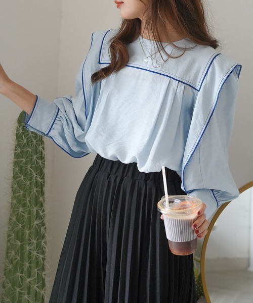 Diosfront（ディオスフロント）の「スクエア配色ラインブラウス（シャツ/ブラウス・レディース・ベージュ/ブルー/ブラック・FREE）」の5枚目の写真