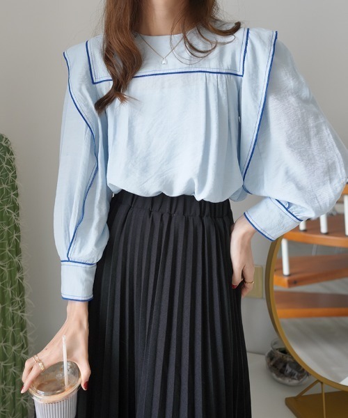 Diosfront（ディオスフロント）の「スクエア配色ラインブラウス（シャツ/ブラウス・レディース・ベージュ/ブルー/ブラック・FREE）」の4枚目の写真