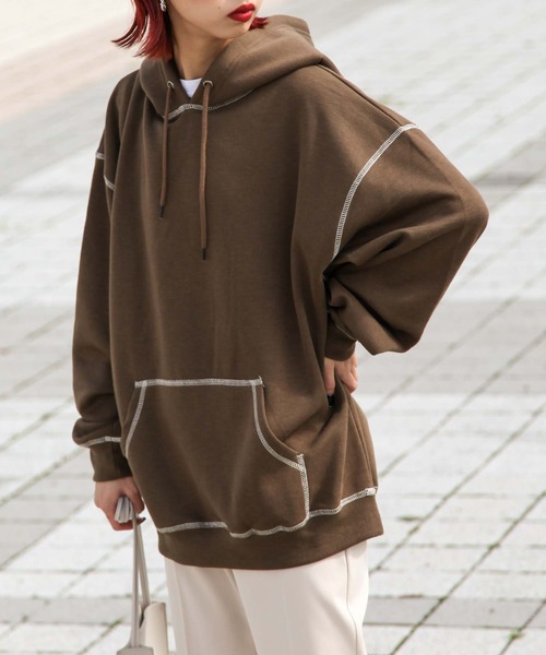 ZIP FIVE（ジップファイブ）の「【ZIP FIVE】【肉厚】ステッチパーカー/フーディー（パーカー・レディース・ブラウン/カーキ/ベージュ/アイボリー/ブラック/ブルー/チャコール・LARGE/MEDIUM/X-LARGE）」の4枚目の写真