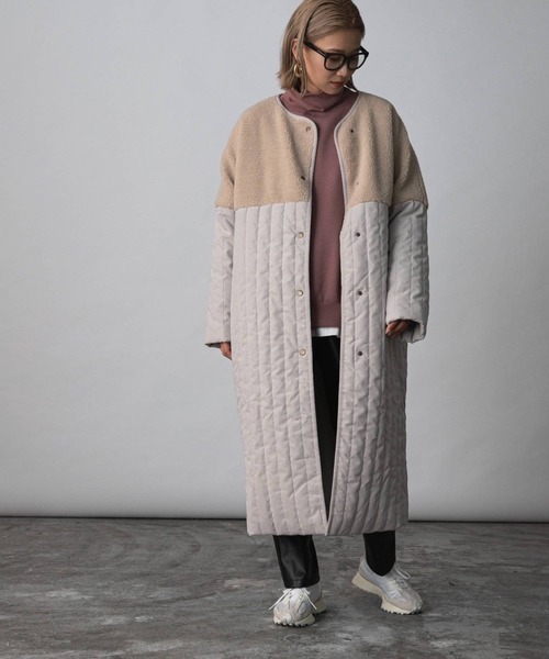bohmal（ボマール）の「ボア切替ラインキルティングコート（ノーカラーコート・レディース・ライトグリーン/ベージュ/アイボリー/アッシュグレー・LARGE/MEDIUM）」の3枚目の写真