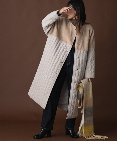 bohmal（ボマール）の「ボア切替ラインキルティングコート（ノーカラーコート・レディース・ライトグリーン/ベージュ/アイボリー/アッシュグレー・LARGE/MEDIUM）」の5枚目の写真
