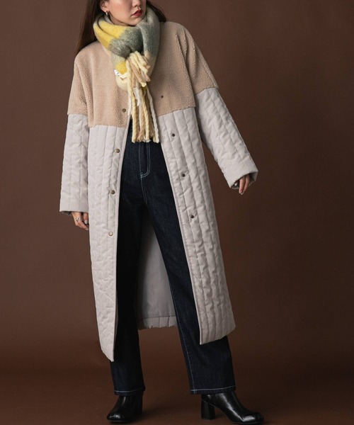 bohmal（ボマール）の「ボア切替ラインキルティングコート（ノーカラーコート・レディース・ライトグリーン/ベージュ/アイボリー/アッシュグレー・LARGE/MEDIUM）」の12枚目の写真