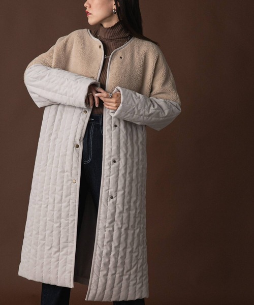 bohmal（ボマール）の「ボア切替ラインキルティングコート（ノーカラーコート・レディース・ライトグリーン/ベージュ/アイボリー/アッシュグレー・LARGE/MEDIUM）」の10枚目の写真
