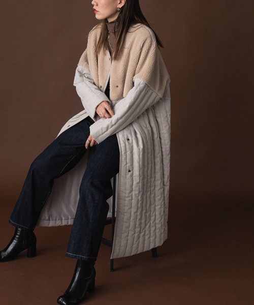 bohmal（ボマール）の「ボア切替ラインキルティングコート（ノーカラーコート・レディース・ライトグリーン/ベージュ/アイボリー/アッシュグレー・LARGE/MEDIUM）」の14枚目の写真