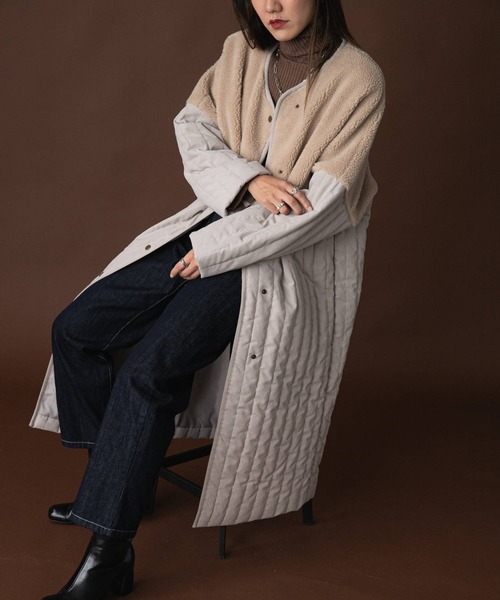 bohmal（ボマール）の「ボア切替ラインキルティングコート（ノーカラーコート・レディース・ライトグリーン/ベージュ/アイボリー/アッシュグレー・LARGE/MEDIUM）」の15枚目の写真