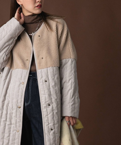 bohmal（ボマール）の「ボア切替ラインキルティングコート（ノーカラーコート・レディース・ライトグリーン/ベージュ/アイボリー/アッシュグレー・LARGE/MEDIUM）」の11枚目の写真