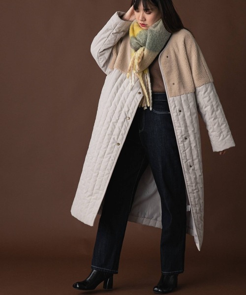 bohmal（ボマール）の「ボア切替ラインキルティングコート（ノーカラーコート・レディース・ライトグリーン/ベージュ/アイボリー/アッシュグレー・LARGE/MEDIUM）」の13枚目の写真