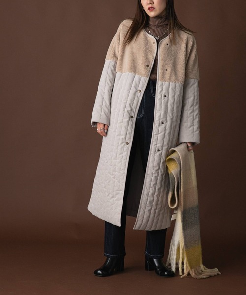 bohmal（ボマール）の「ボア切替ラインキルティングコート（ノーカラーコート・レディース・ライトグリーン/ベージュ/アイボリー/アッシュグレー・LARGE/MEDIUM）」の6枚目の写真