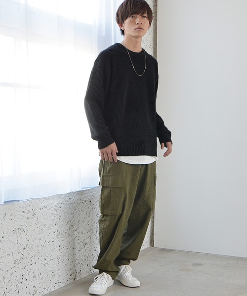 MinoriTY（マイノリティ）の「ニット ビッグシルエット クルーネック ウォッシャブル 静電気防止 セーター 春服 冬服（ニット/セーター・メンズ・オフホワイト/オレンジ/ブルー/チャコール/グリーン/モカ・M/L/XL）」の9枚目の写真
