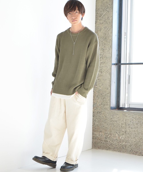 MinoriTY（マイノリティ）の「ニット ビッグシルエット クルーネック ウォッシャブル 静電気防止 セーター 春服 冬服（ニット/セーター・メンズ・オフホワイト/オレンジ/ブルー/チャコール/グリーン/モカ・M/L/XL）」の12枚目の写真
