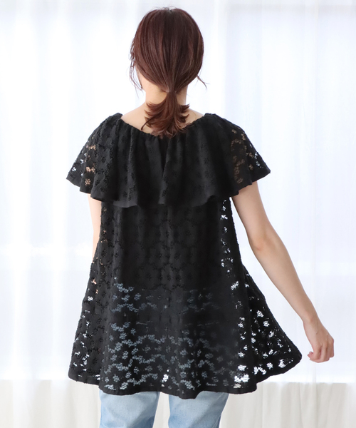 完売 IENA イエナ カットワーク レース ブラウス ブラック フリル SLOBE IENA（スローブイエナ）の「カットワークレースフリル