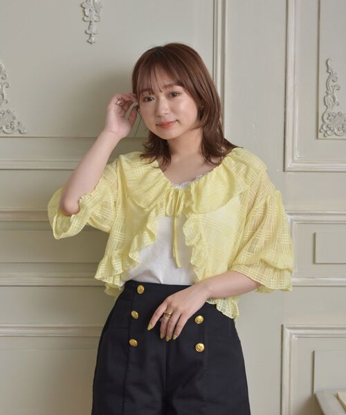 ems excite（エムズエキサイト）の「シアーチェックフリルカーデ（カーディガン/ボレロ・レディース・オフホワイト/イエロー/ブルー・FREE）」の17枚目の写真