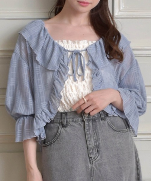 ems excite（エムズエキサイト）の「シアーチェックフリルカーデ（カーディガン/ボレロ・レディース・オフホワイト/イエロー/ブルー・FREE）」の2枚目の写真