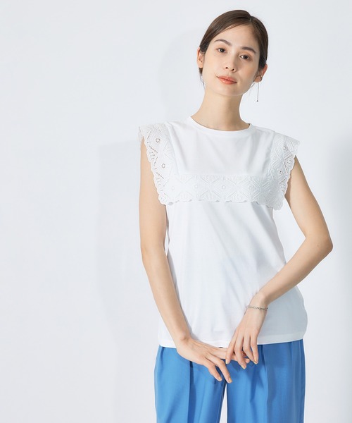 ROPE'(ロペ)の「コットン天竺エンブロイダリーコンパクトカットソー(Tシャツ/カットソー・レディース・ホワイト/ブラック・38)」の1枚目の写真