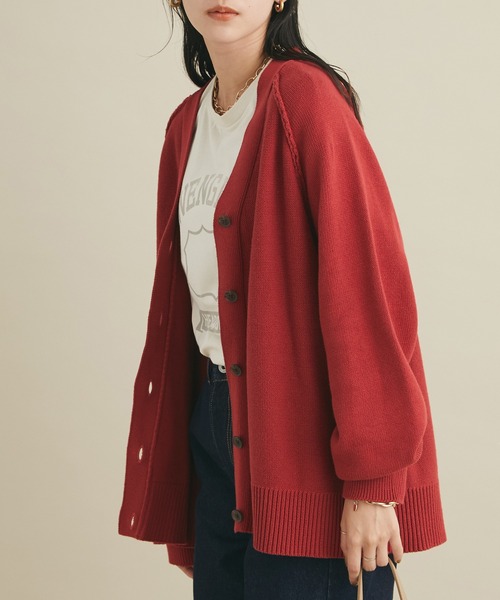 CRAFT STANDARD BOUTIQUE(クラフトスタンダードブティック)の「Vネックアウトリンキングカーディガン *◆(カーディガン/ボレロ・レディース・ブラック/ネイビー/レッド/グリーン/ライトベージュ・M/L)」の5枚目の写真