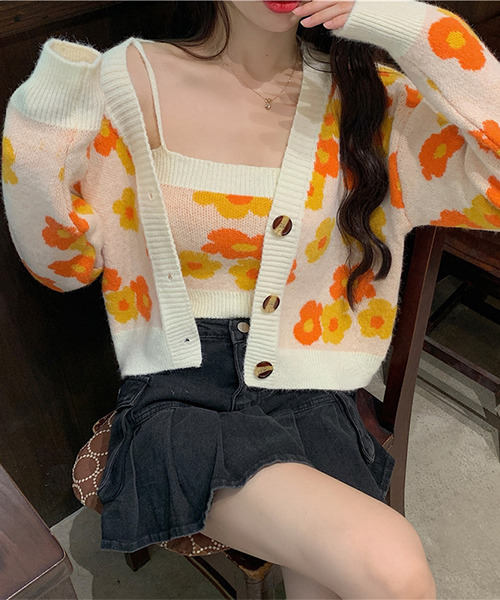 c.u.l(シーユーエル)の「キャミソール付き 花柄カーディガン culw290(カーディガン/ボレロ・レディース・グリーン/アイボリー・FREE)」の4枚目の写真