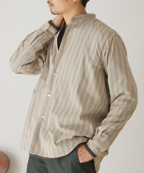417 EDIFICE(フォーワンセブンエディフィス)の「【ESSENTIAL / エッセンシャル】 ストライプバンドシャツ(シャツ/ブラウス・メンズ・その他1/その他3/その他10・SMALL/MEDIUM/LARGE)」の1枚目の写真