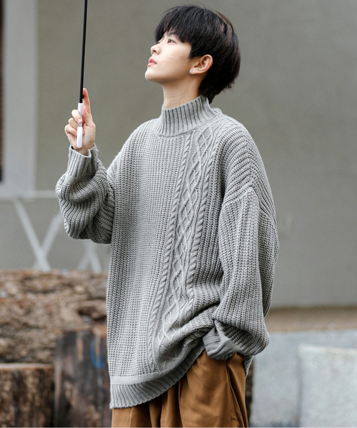 neos(ネオス)の「【neos -addictive design-】ビッグシルエット 畦編み ケーブル モックネック ニット セーター(ニット/セーター・メンズ・ホワイト/ブラック/グレー/ベージュ/グリーン・MEDIUM/LARGE)」の3枚目の写真