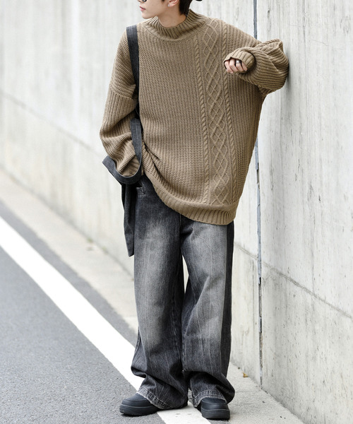 neos(ネオス)の「【neos -addictive design-】ビッグシルエット 畦編み ケーブル モックネック ニット セーター(ニット/セーター・メンズ・ホワイト/ブラック/グレー/ベージュ/グリーン・MEDIUM/LARGE)」の13枚目の写真