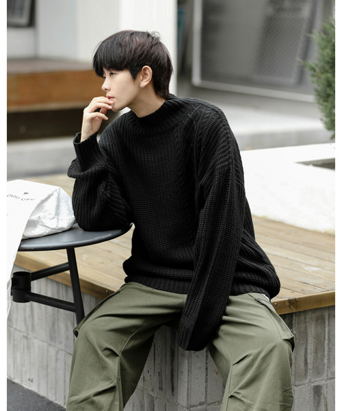 neos(ネオス)の「【neos -addictive design-】ビッグシルエット 畦編み ケーブル モックネック ニット セーター(ニット/セーター・メンズ・ホワイト/ブラック/グレー/ベージュ/グリーン・MEDIUM/LARGE)」の17枚目の写真