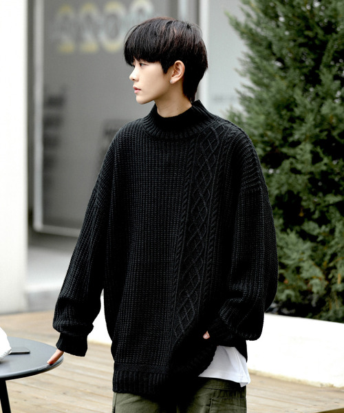 neos(ネオス)の「【neos -addictive design-】ビッグシルエット 畦編み ケーブル モックネック ニット セーター(ニット/セーター・メンズ・ホワイト/ブラック/グレー/ベージュ/グリーン・MEDIUM/LARGE)」の21枚目の写真