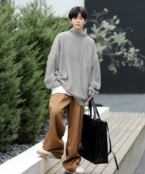 【セール】【neos -addictive design-】ビッグシルエット 畦編み ケーブル モックネック ニット セーター（ニット/セーター）｜neos（ネオス）