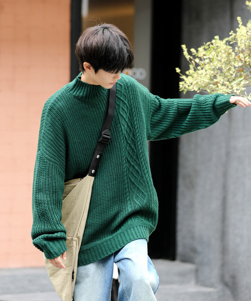 【セール】【neos -addictive design-】ビッグシルエット 畦編み ケーブル モックネック ニット セーター（ニット/セーター）｜neos（ネオス）