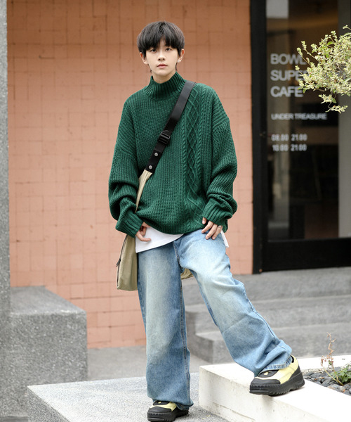 【セール】【neos -addictive design-】ビッグシルエット 畦編み ケーブル モックネック ニット セーター（ニット/セーター）｜neos（ネオス）