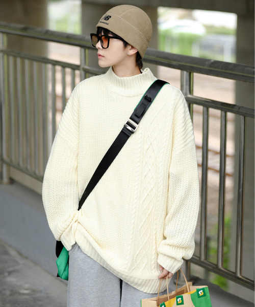 【セール】【neos -addictive design-】ビッグシルエット 畦編み ケーブル モックネック ニット セーター（ニット/セーター）｜neos（ネオス）