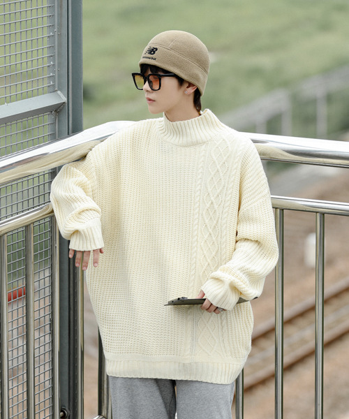【セール】【neos -addictive design-】ビッグシルエット 畦編み ケーブル モックネック ニット セーター（ニット/セーター）｜neos（ネオス）