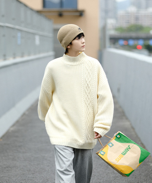 【セール】【neos -addictive design-】ビッグシルエット 畦編み ケーブル モックネック ニット セーター（ニット/セーター）｜neos（ネオス）