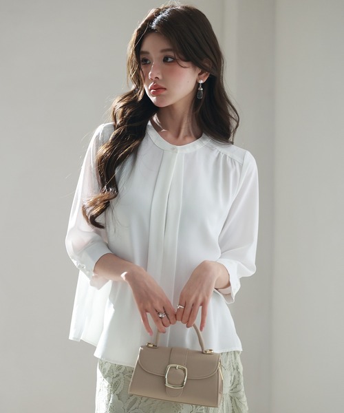 シャツ+ブラウス(長袖+七分) lit Sheer Raglan Sleeves Tops シアーチェック7分袖スタンドカラーシャツ[品番：NICW0005631]｜NICOLE