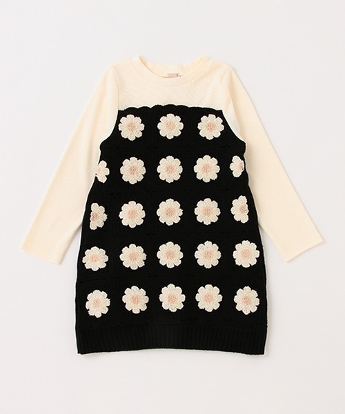 petit main（プティマイン）の「お花ニットTドッキングワンピース（ワンピース・キッズ・アイボリー/ブラック・100cm/130cm/110cm/120cm/80ｃｍ/90cm）」の2枚目の写真