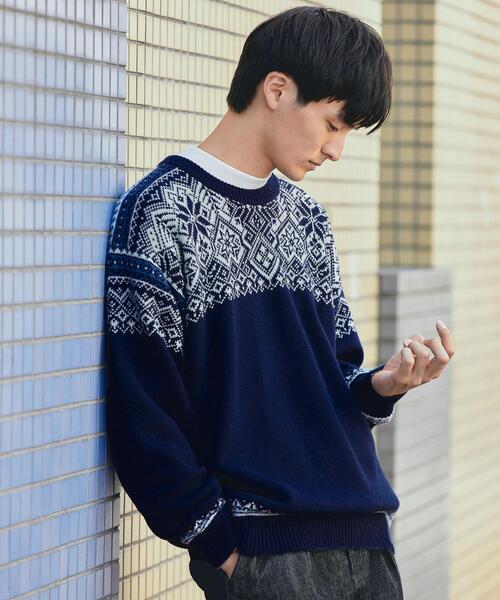 green label relaxing（グリーンレーベルリラクシング）の「ノルディック ジャカード クルーネック ニット（ニット/セーター・メンズ・ネイビー/オフホワイト・S/M/L/XL）」の2枚目の写真
