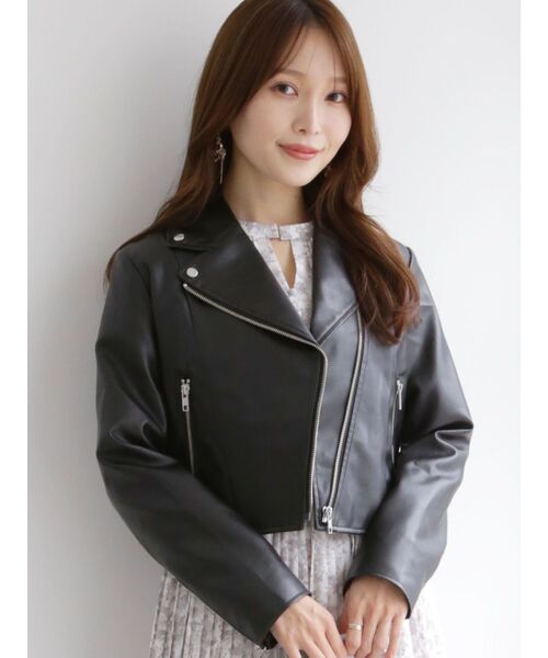 MERCURYDUO（マーキュリーデュオ）の「フェイクレザーコンパクトライダースジャケット（ライダースジャケット・レディース・ブラック/ベージュ/アイボリー・FREE）」の16枚目の写真