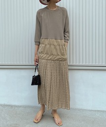 【Audrey and John Wad】異素材MIX８分袖シャーリングロングワンピース
