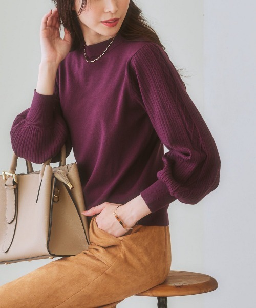 7days Life Styling(セブンデイズライフスタイリング)の「【毛玉になりにくい】洗えるデザイン編み柄パフスリーブニット(もちもち綿混)(セットアップ対応)(ニット/セーター・レディース・ライトベージュ/プラム/杢グレー/グレー系/ブラック/ブルー系・L/LL/S/M)」の6枚目の写真