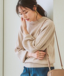 【毛玉になりにくい】洗えるデザイン編み柄パフスリーブニット(もちもち綿混)(セットアップ対応)