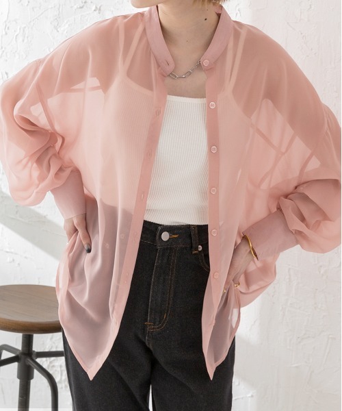 ad thie（アドティエ）の「バンドカラー シアーシャツ（シャツ/ブラウス・レディース・オフホワイト/パープル/ブラック/ピンク/ブルー/グリーン/ライトグレー・MEDIUM/LARGE）」の7枚目の写真