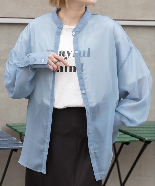 ad thie（アドティエ）の「バンドカラー シアーシャツ（シャツ/ブラウス・レディース・オフホワイト/パープル/ブラック/ピンク/ブルー/グリーン/ライトグレー・MEDIUM/LARGE）」の5枚目の写真