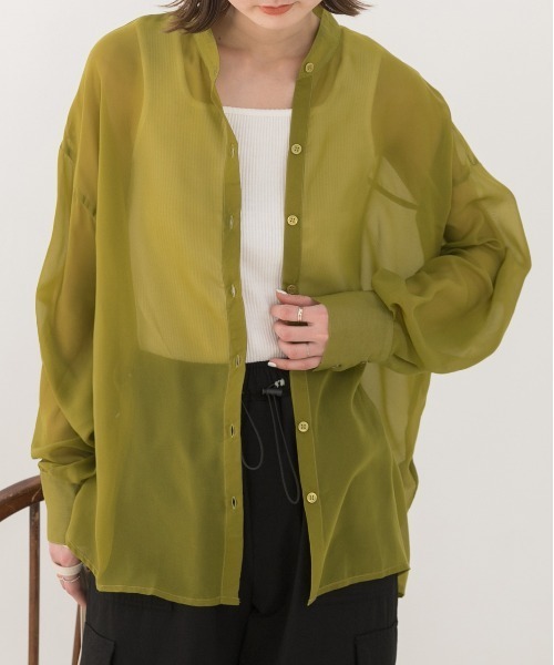 ad thie（アドティエ）の「バンドカラー シアーシャツ（シャツ/ブラウス・レディース・オフホワイト/パープル/ブラック/ピンク/ブルー/グリーン/ライトグレー・MEDIUM/LARGE）」の4枚目の写真